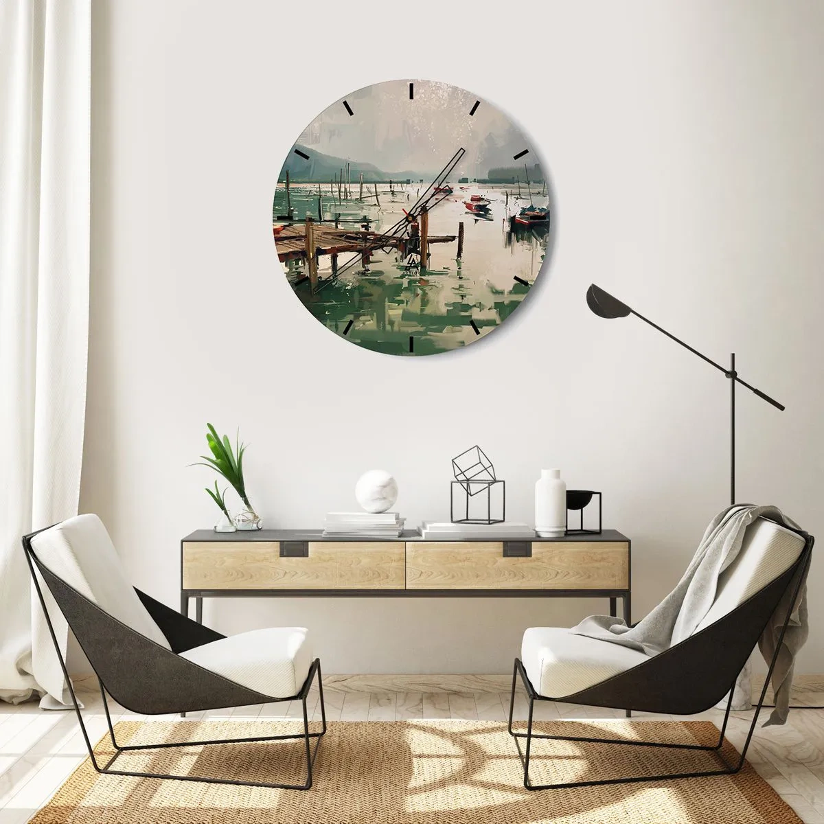 Relógio de parede - Relógio em vidro - Um píer atmosférico com barcos em águas calmas - 30x30cm - Mergulhado na lua derretida - Decoração de parede moderna para a sala de estar, cozinha e quarto ARTTOR