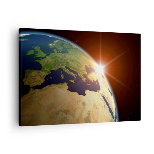Quadro em tela - Vista da Terra do espaço com raios de sol no horizonte - 70x50cm - Nascer do Sol - Decoração de parede moderna para a sala de estar e quarto ARTTOR