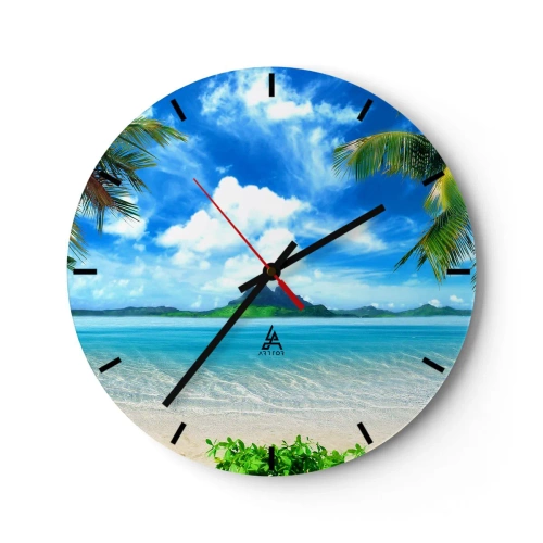 Relógio de parede - Relógio em vidro - Uma praia exótica com palmeiras e mar azul - 30x30cm - O azul dos trópicos - Decoração de parede moderna para a sala de estar, cozinha e quarto ARTTOR