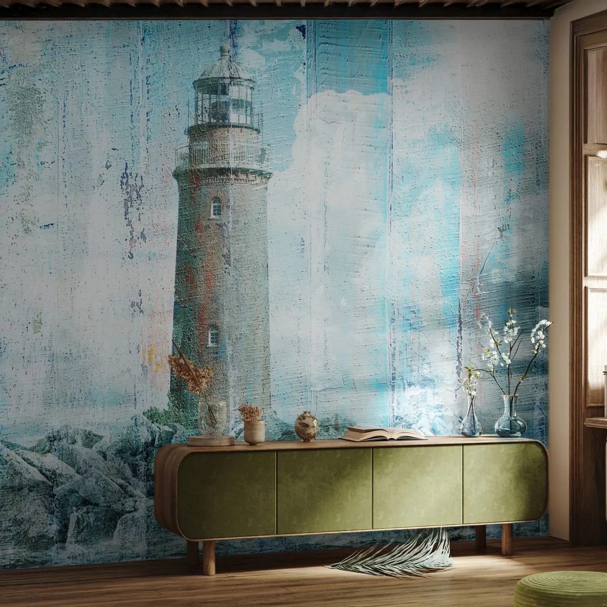 Papel de Parede Premium Sand - Em madeira velha - Abstração, Farol, Mar - 350x256 cm