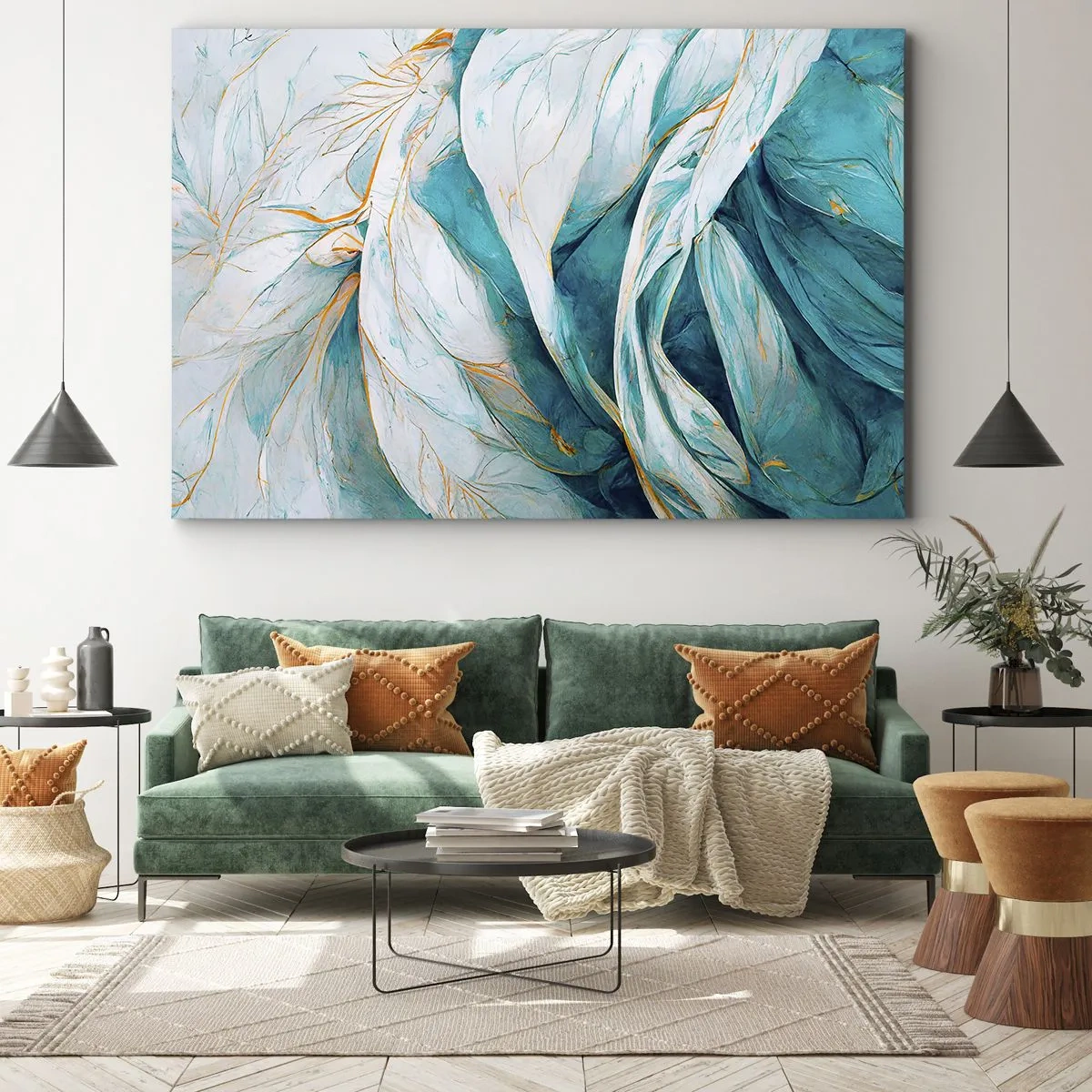 Quadro em tela - Folhas azuis abstratas com detalhes dourados - 70x50cm - Abstração azul com lema dourado - Decoração de parede moderna para a sala de estar e quarto ARTTOR