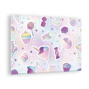 Quadro em vidro - Motivo de doces coloridos com fundo pastel - 70x50cm - Tenha um aniversário todos os dias - Decoração de parede moderna para a sala de estar e quarto ARTTOR
