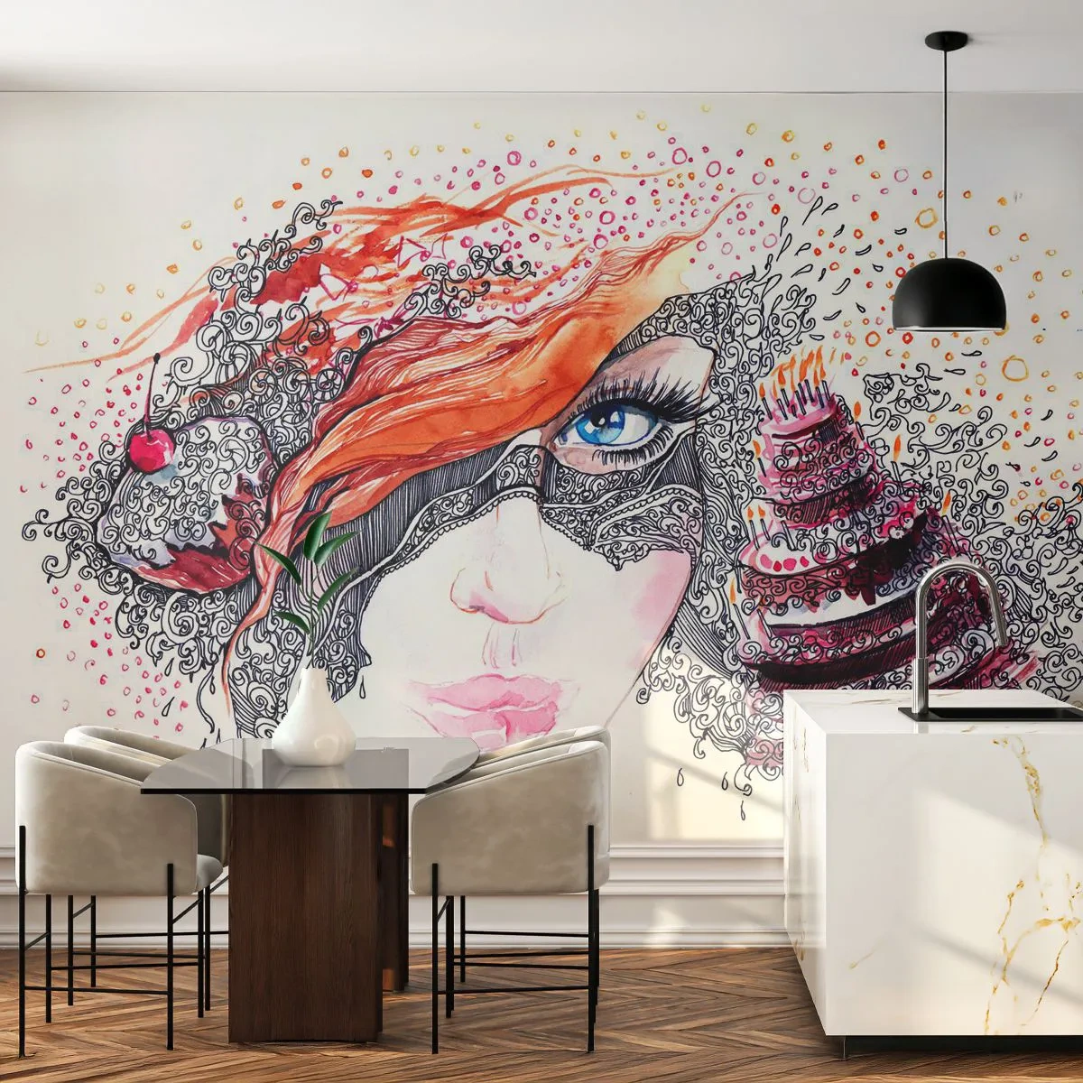 Papel de Parede Autocolante Deluxe Sticker - Com ela, todos os dias são dias de festa - Abstração, Rosto de mulher, Bolo - 400x280 cm