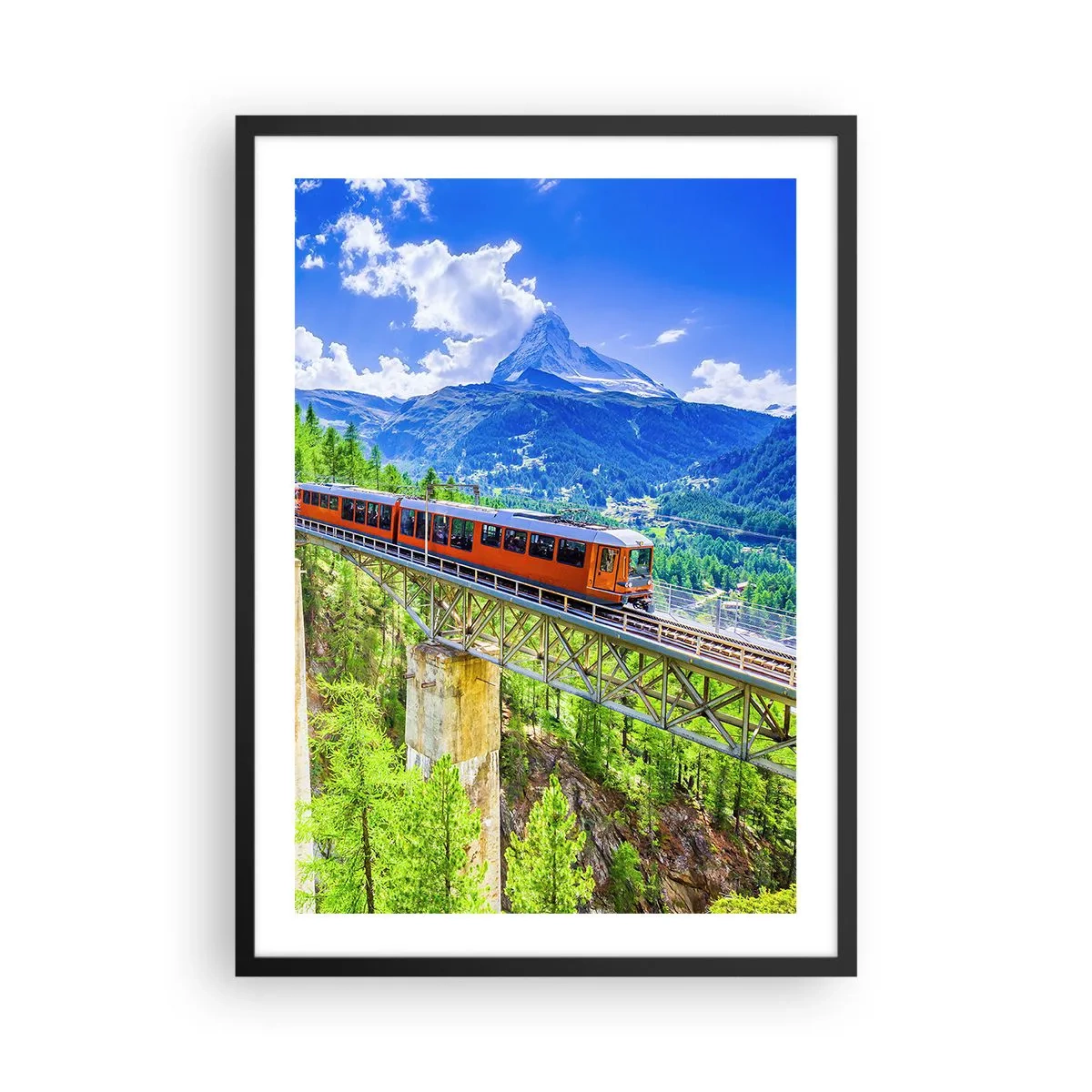 Pôster com moldura preta - Um trem em uma ponte nos Alpes com vista para o Matterhorn - 50x70cm - Hora dos Alpes - Decoração de parede moderna para a sala de estar e quarto ARTTOR