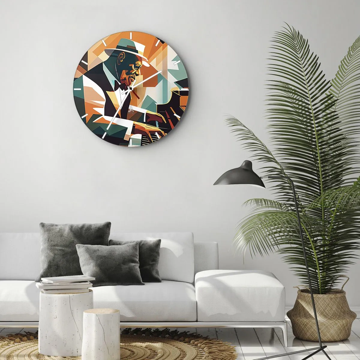 Relógio de parede - Relógio em vidro - Músico de jazz ao piano em estilo geométrico - 30x30cm - Todo aquele jazz - Decoração de parede moderna para a sala de estar, cozinha e quarto ARTTOR
