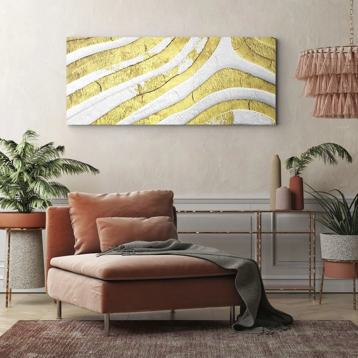 Quadro em tela - Composição a branco e ouro - 120x50 cm