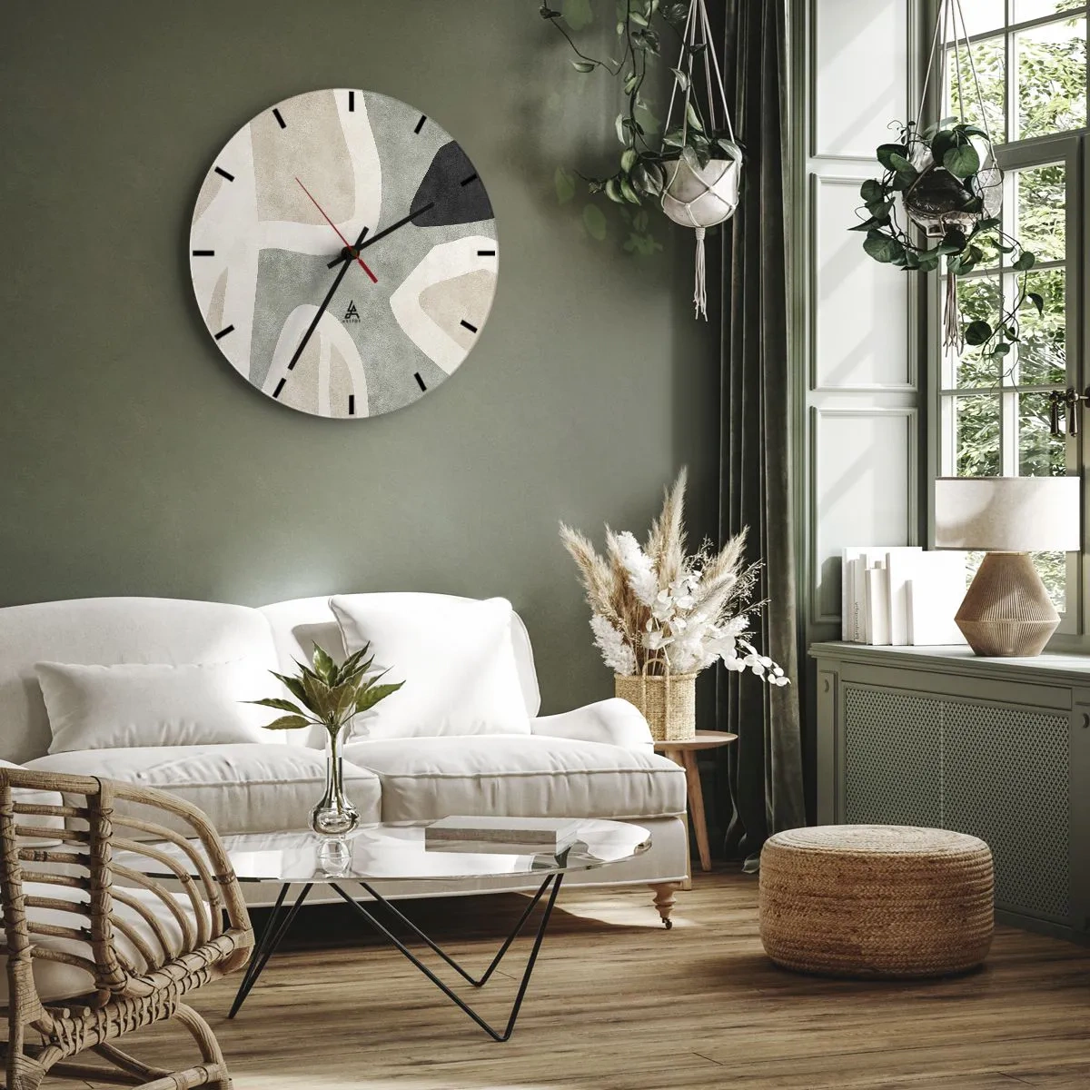 Relógio de parede - Relógio em vidro - Formas orgânicas em bege, preto e verde sobre fundo claro - 30x30cm - Composição com motivo preto - Decoração de parede moderna para a sala de estar, cozinha e quarto ARTTOR