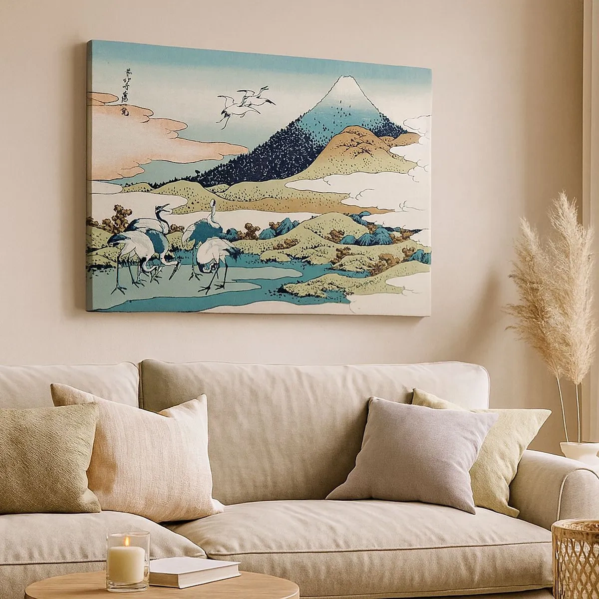 Quadro em tela - Gráficos tradicionais japoneses com montanhas e guindastes - 70x50cm - No espírito japonês - Decoração de parede moderna para a sala de estar e quarto ARTTOR