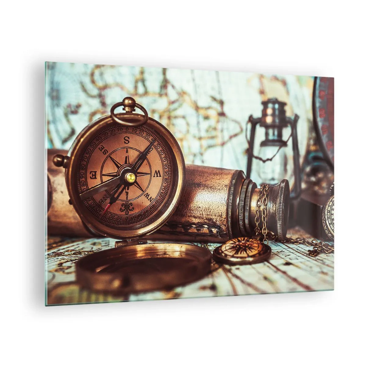Quadro em vidro - Uma bússola e um mapa antigos tendo como pano de fundo aventuras piratas - 70x50cm - Uma aventura pirata no Caribe - Decoração de parede moderna para a sala de estar e quarto ARTTOR