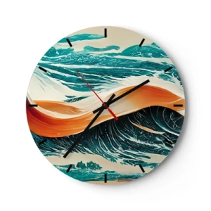 Relógio de parede - Relógio em vidro - Ondas do mar com uma fita laranja em uma composição dinâmica - 30x30cm - O sonho de um surfista - Decoração de parede moderna para a sala de estar, cozinha e quarto ARTTOR