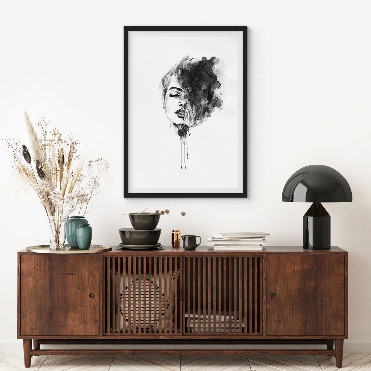 Pôster com moldura preta - Retrato de uma mulher em aquarela em preto e branco - 50x70cm - O que sonha uma rapariga - Decoração de parede moderna para a sala de estar e quarto ARTTOR