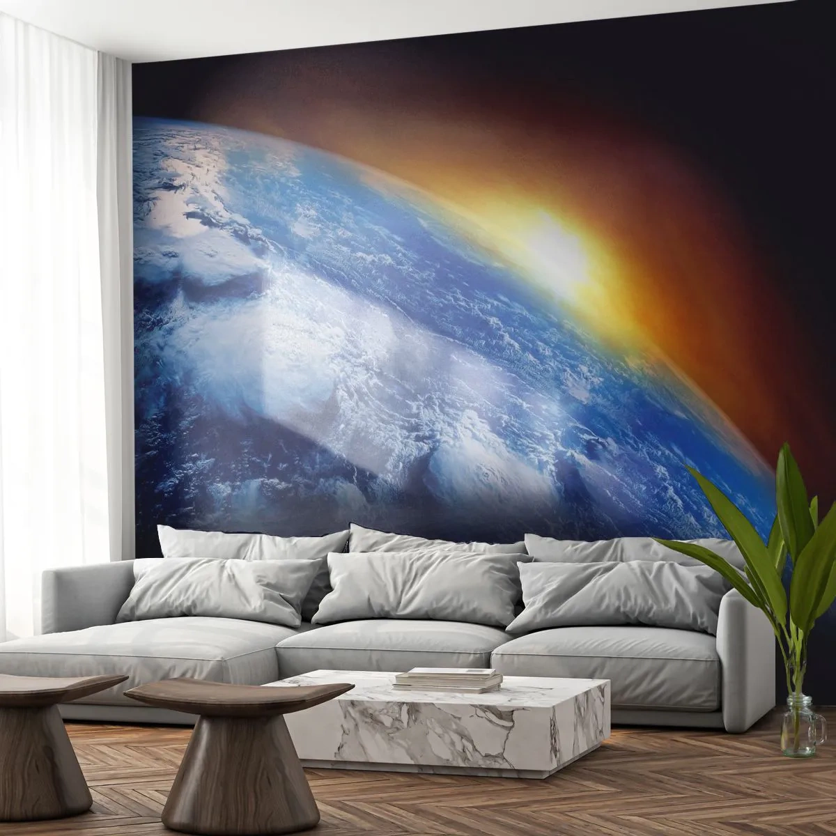Papel de Parede Premium Sand - Nascer do sol sobre o planeta azul - Abstração, 3D, Cosmos - 400x280 cm