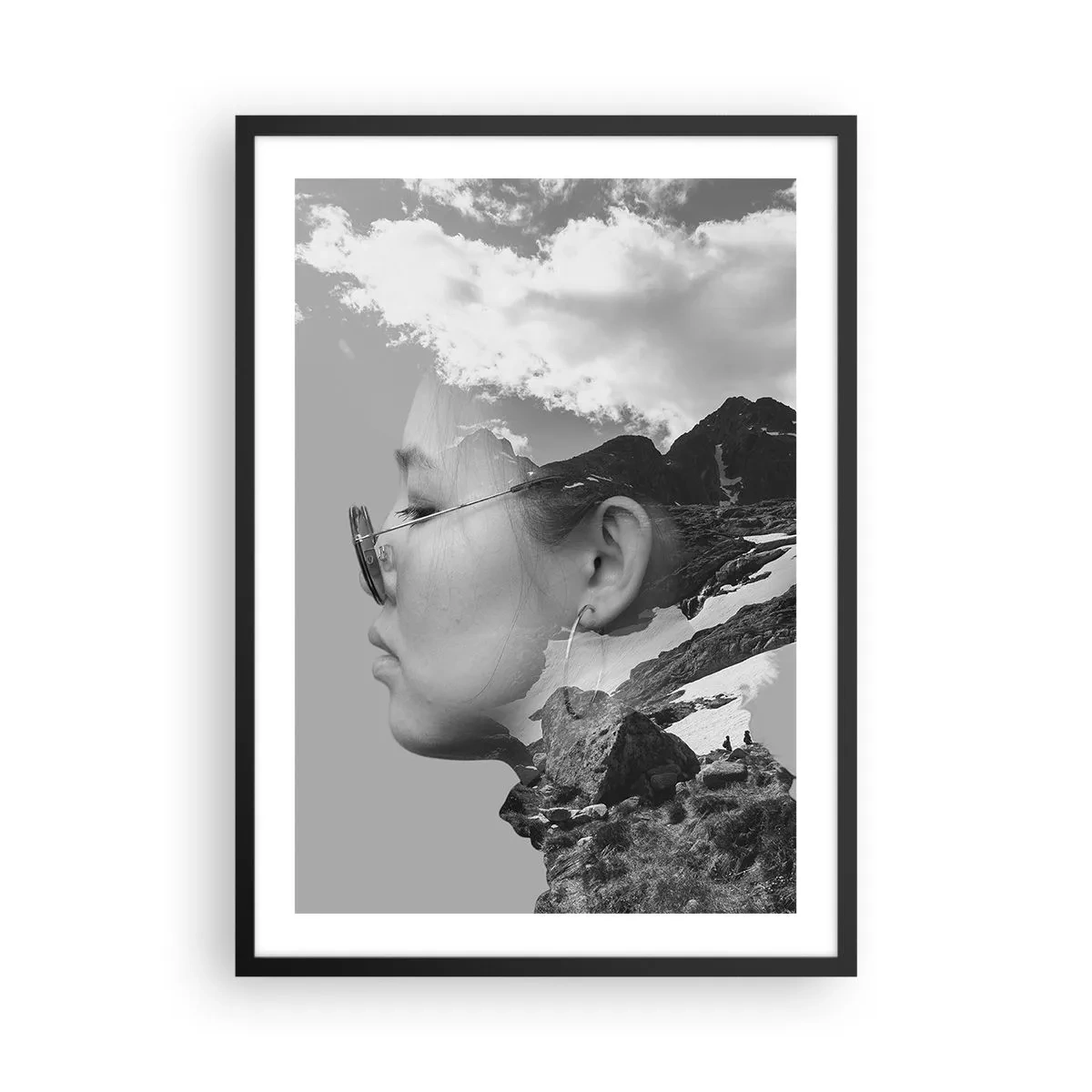 Pôster com moldura preta - Retrato em preto e branco com uma paisagem de montanha e nuvens - 50x70cm - Retrato das montanhas e da nuvem - Decoração de parede moderna para a sala de estar e quarto ARTTOR