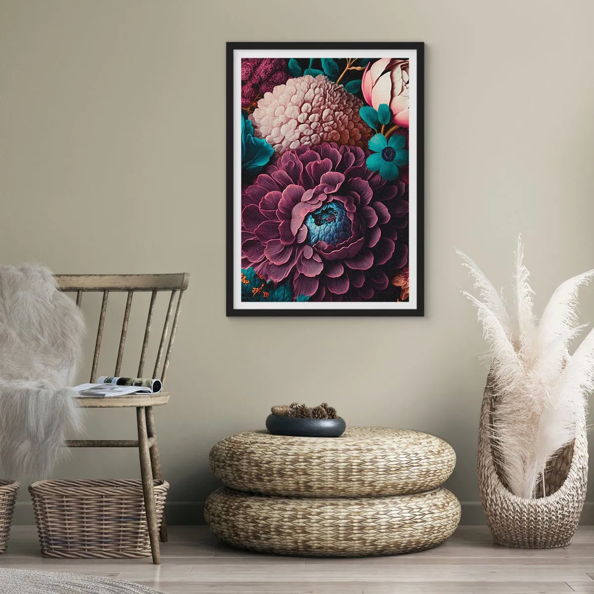 Pôster com moldura preta - Um arranjo de flores em tons profundos - 50x70cm - Natureza em abundância - Decoração de parede moderna para a sala de estar e quarto ARTTOR