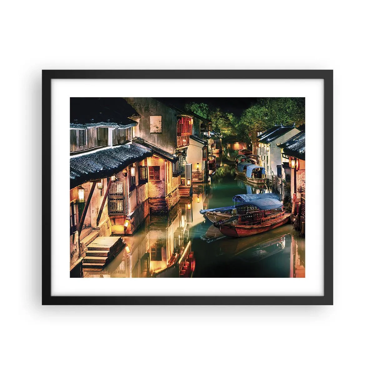 Pôster com moldura preta - Uma noite em uma rua chinesa - 50x40 cm