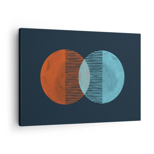 Quadro em tela - Dois círculos laranja e azuis em um fundo escuro - 70x50cm - Fantasia astronómica - Decoração de parede moderna para a sala de estar e quarto ARTTOR