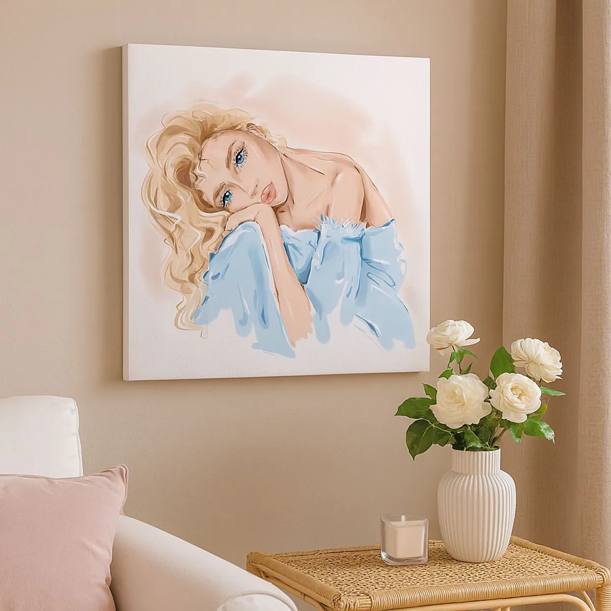 Quadro em tela - Sonhadora em azul - 30x30 cm