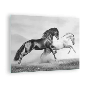 Quadro em vidro - Cavalos pretos e brancos em um ambiente dinâmico - 70x50cm - Anjos e demônios - Decoração de parede moderna para a sala de estar e quarto ARTTOR