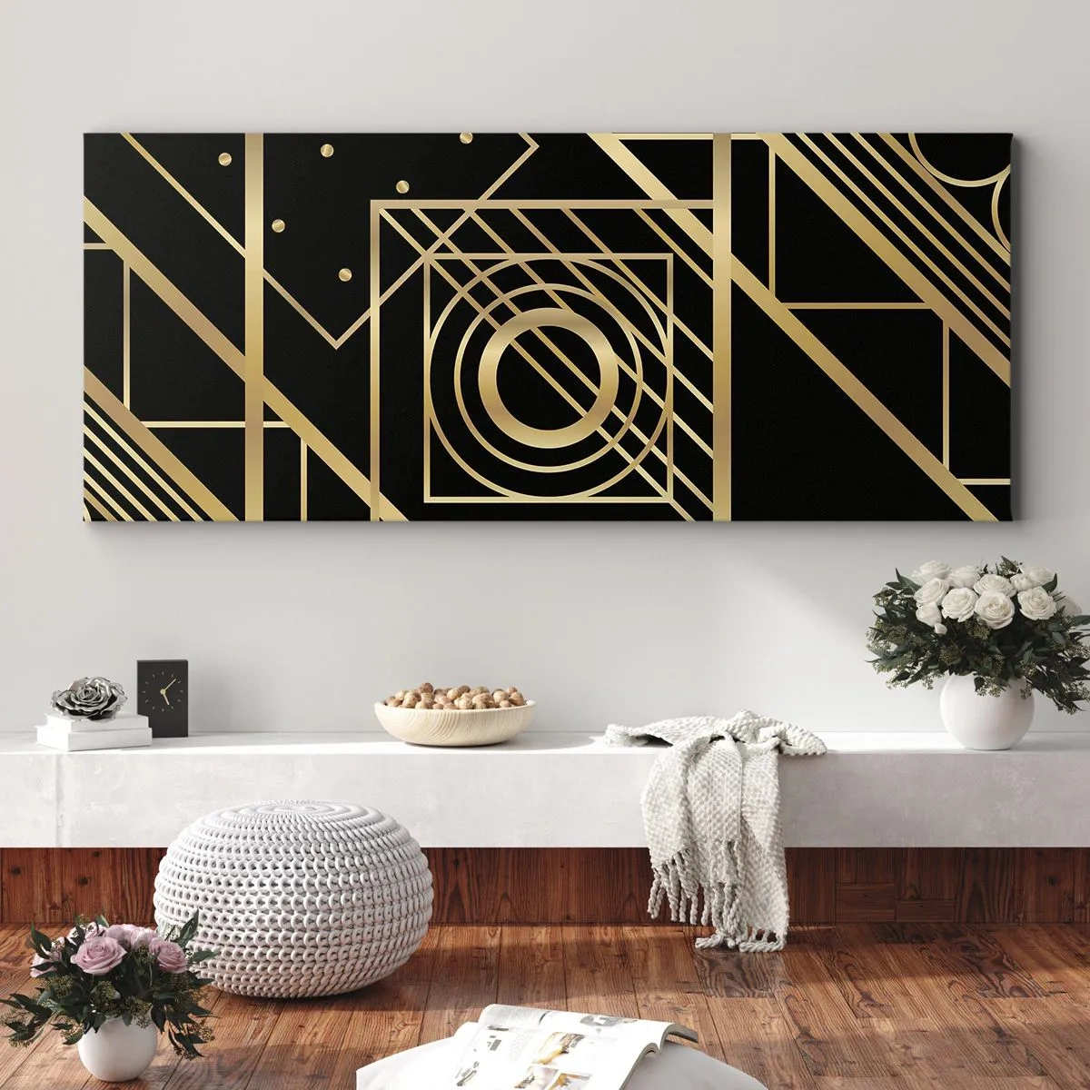 Quadro em tela - Geometria dourada - 90x30 cm
