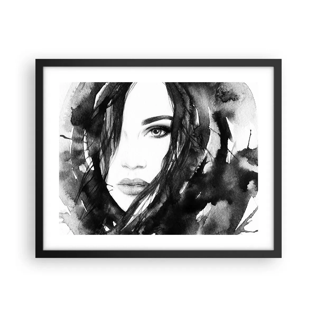 Pôster com moldura preta - Retrato de uma dama a preto e branco - 50x40 cm