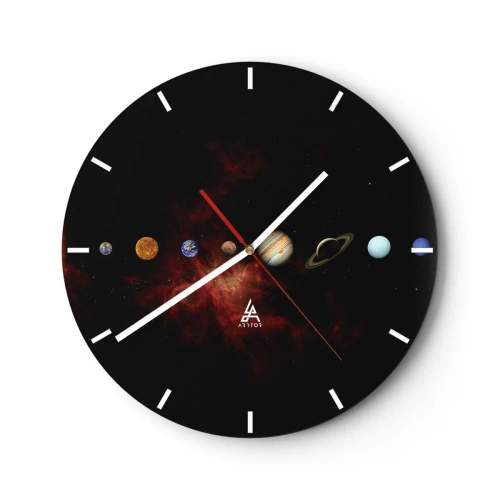 Relógio de parede - Relógio em vidro - Planetas do sistema solar contra o fundo de uma galáxia negra - 30x30cm - Nosso bairro - Decoração de parede moderna para a sala de estar, cozinha e quarto ARTTOR