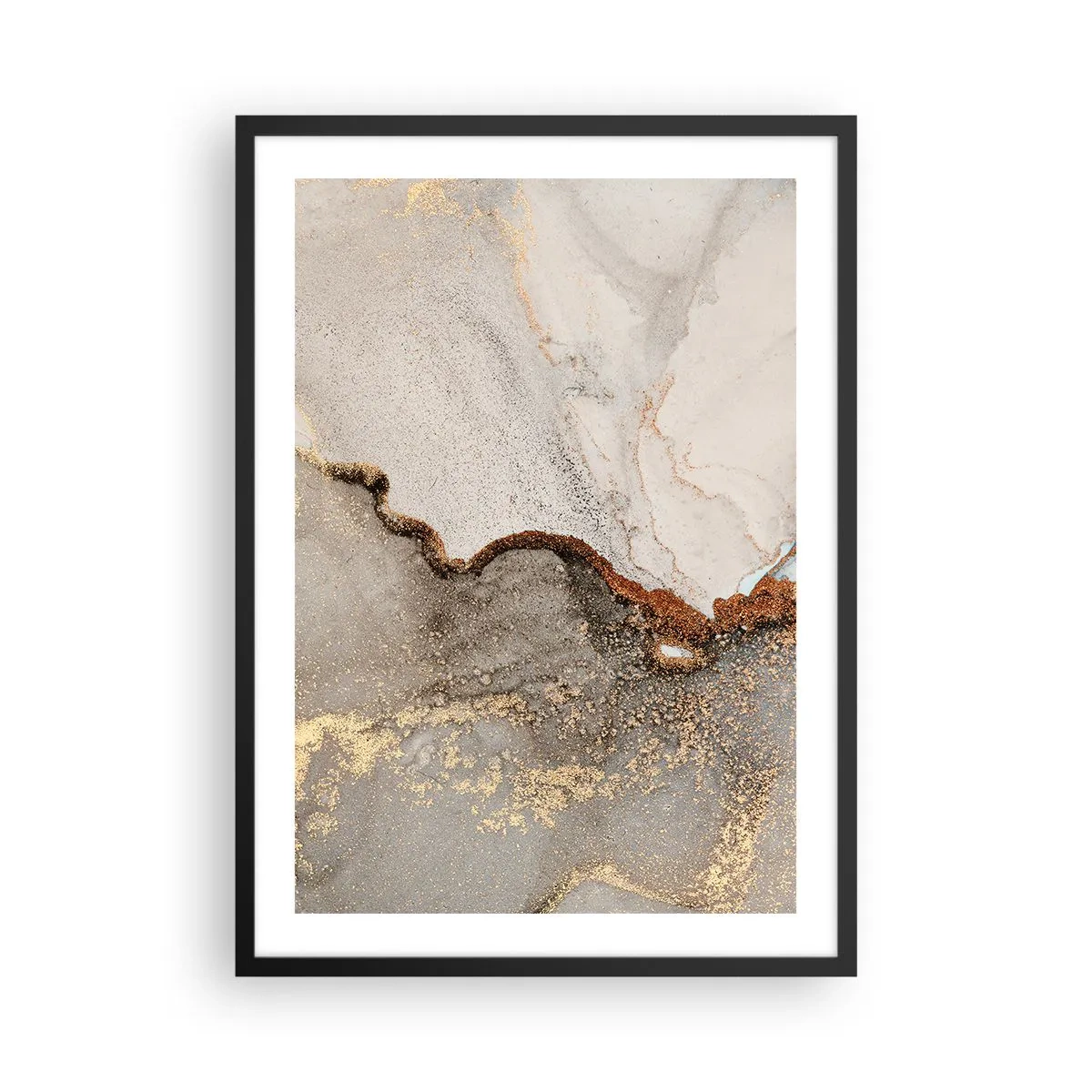 Pôster com moldura preta - Padrão abstrato de mármore com detalhes em ouro e cobre - 50x70cm - No limite das cores - Decoração de parede moderna para a sala de estar e quarto ARTTOR