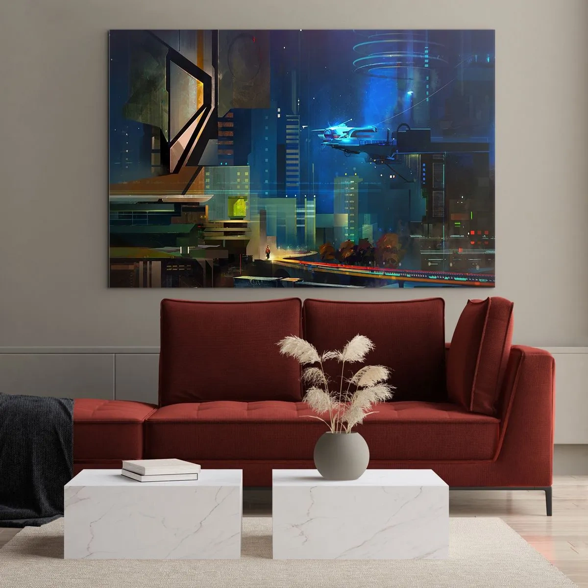 Quadro em vidro - Cidade futurista à noite com luzes de neon e um veículo voador - 70x50cm - Num futuro próximo - Decoração de parede moderna para a sala de estar e quarto ARTTOR