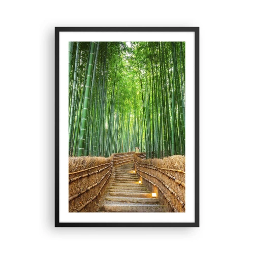 Pôster com moldura preta - Caminho pela floresta de bambu com iluminação - 50x70cm - A essência da natureza asiática - Decoração de parede moderna para a sala de estar e quarto ARTTOR