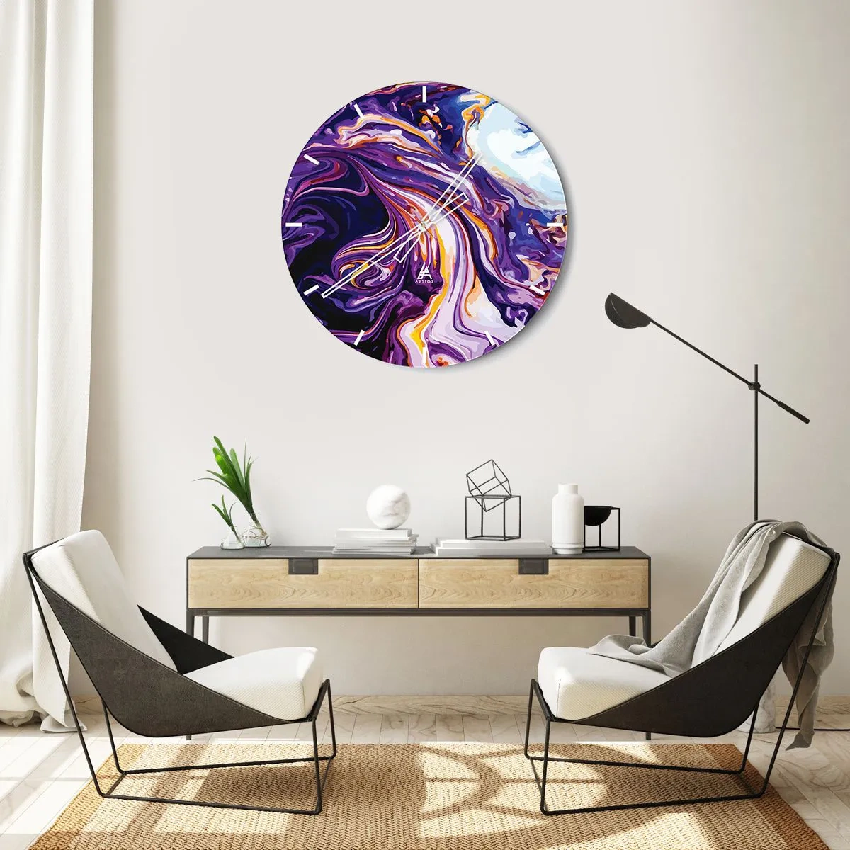 Relógio de parede - Relógio em vidro - Redemoinhos abstratos roxos com detalhes brilhantes - 30x30cm - Onde o espaço se dobra em roxo - Decoração de parede moderna para a sala de estar, cozinha e quarto ARTTOR