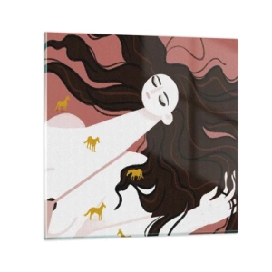 Quadro em vidro - Sonho com um cavalo dourado - 60x60 cm