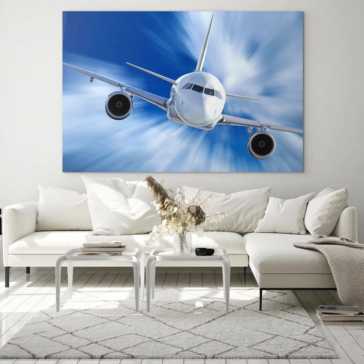 Quadro em vidro - Um avião de passageiros contra um céu azul dinâmico - 70x50cm - Mais rápido do que o vento no céu - Decoração de parede moderna para a sala de estar e quarto ARTTOR