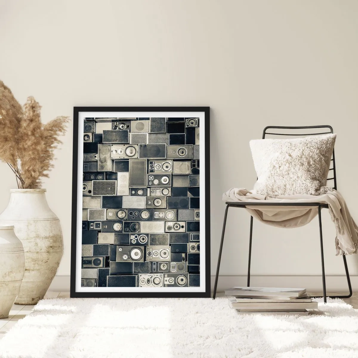 Pôster com moldura preta - Colagem de alto-falantes em tons de cinza - 50x70cm - Está tudo bem - Decoração de parede moderna para a sala de estar e quarto ARTTOR