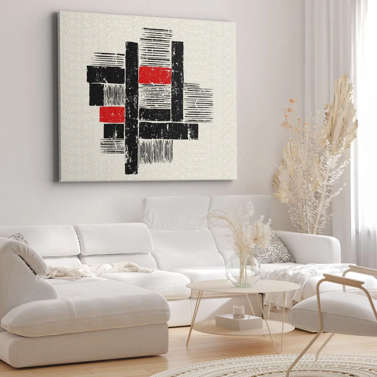 Quadro em tela - Composição geométrica abstrata em preto e vermelho - 70x50cm - Vermelho e preto - Decoração de parede moderna para a sala de estar e quarto ARTTOR