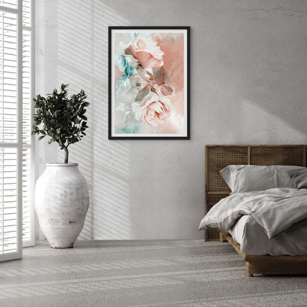 Pôster com moldura preta - Uma composição pictórica de rosas em tons pastéis - 50x70cm - O espírito do romantismo - Decoração de parede moderna para a sala de estar e quarto ARTTOR