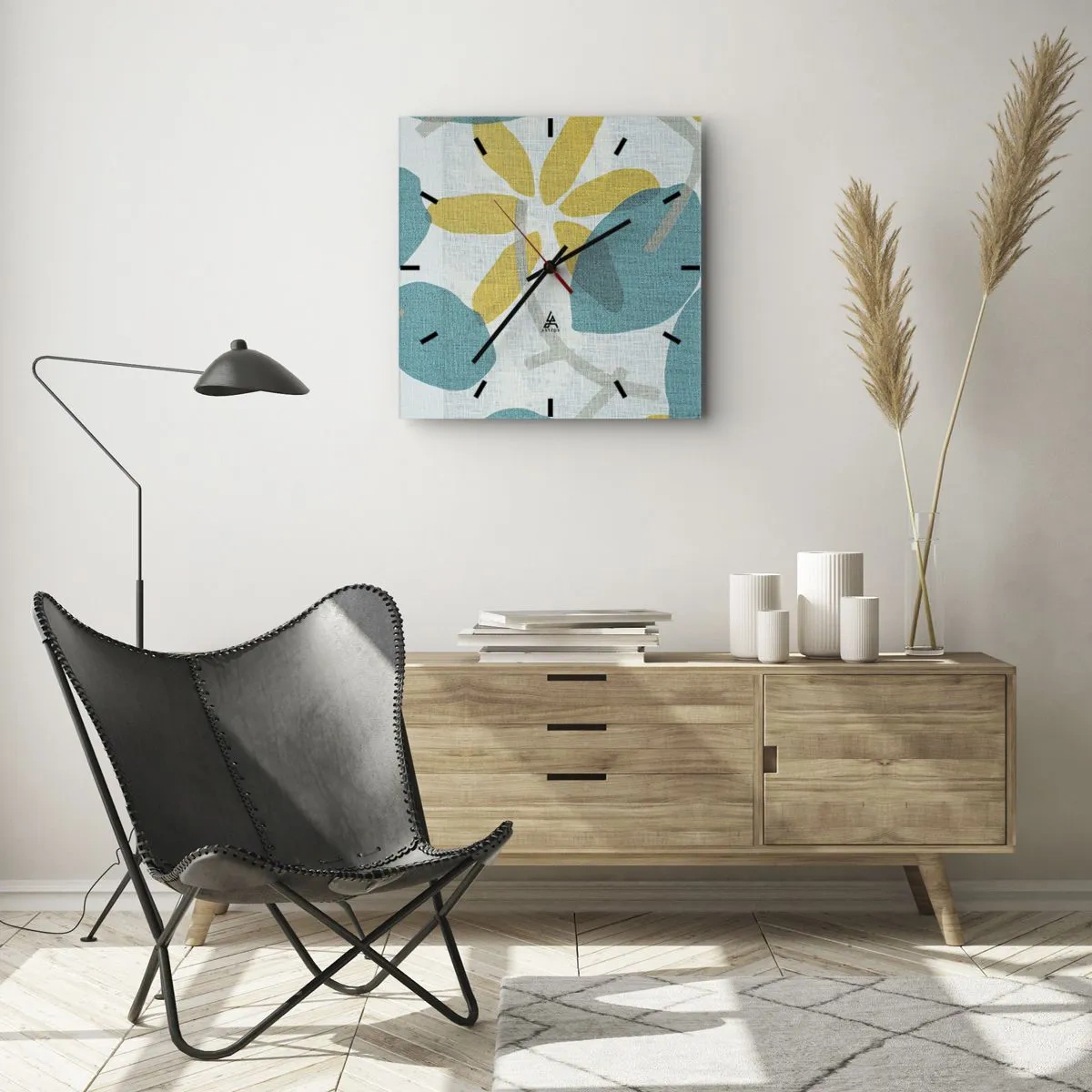 Relógio de parede - Relógio em vidro - Entre as folhas azuis - 40x40 cm