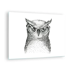 Quadro em vidro - Ilustração de uma coruja usando óculos em formato de coração - 70x50cm - Sabiamente e amorosamente - Decoração de parede moderna para a sala de estar e quarto ARTTOR