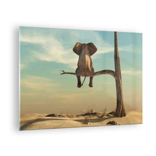 Quadro em vidro - Um elefante em um galho de árvore em um cenário surreal - 70x50cm - Um novo ponto de vista - Decoração de parede moderna para a sala de estar e quarto ARTTOR