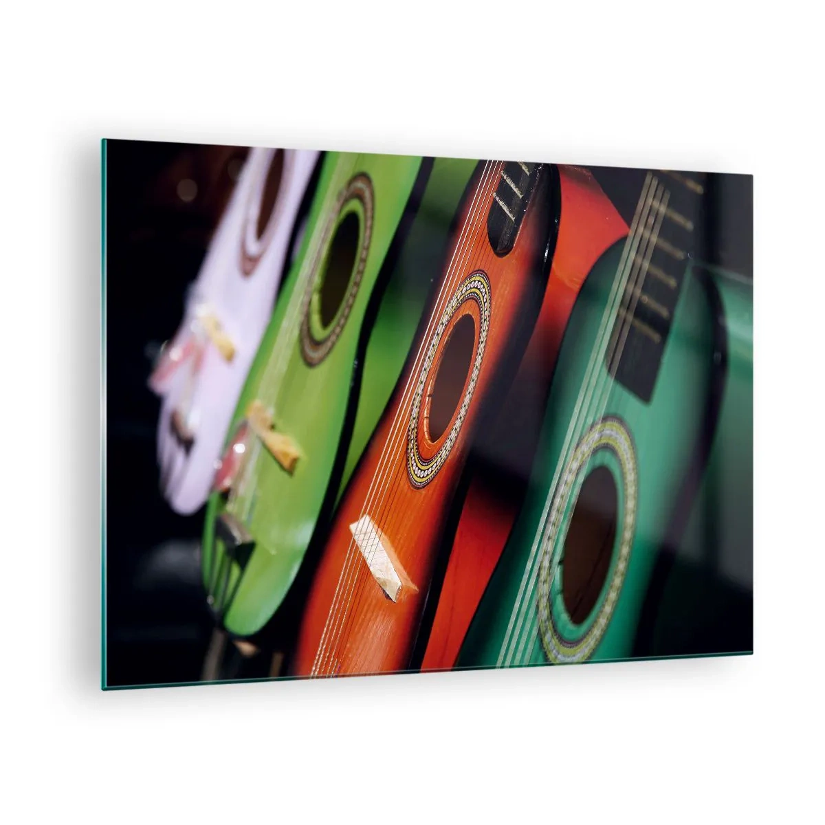 Quadro em vidro - Guitarras coloridas em fila - 70x50cm - A guitarra tem muitas cores - Decoração de parede moderna para a sala de estar e quarto ARTTOR