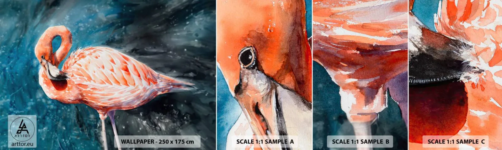 Amostra de Papel de Parede Standard Eco - Decorativo por natureza - Flamingo, Pássaro, Natureza - 100x30 cm