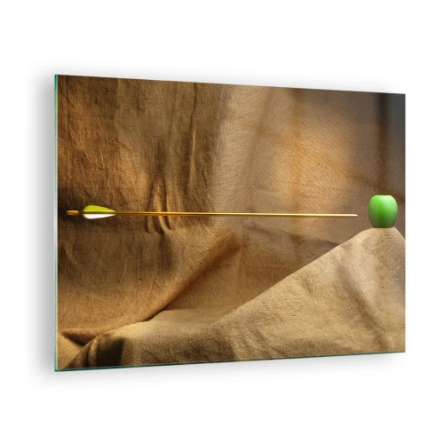Quadro em vidro - Uma maçã verde sobre um fundo bege com uma flecha atravessando-a. - 70x50cm - Invocando o espírito de Wilhelm Tell - Decoração de parede moderna para a sala de estar e quarto ARTTOR