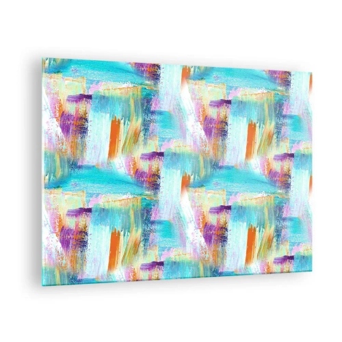 Quadro em vidro - Abstração colorida com pinceladas em tons pastéis e vibrantes. - 70x50cm - Uma alegre coposição de camadas - Decoração de parede moderna para a sala de estar e quarto ARTTOR