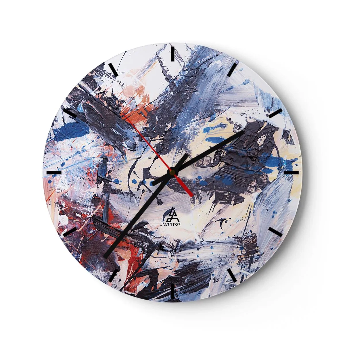 Relógio de parede - Relógio em vidro - Pinceladas abstratas em cores dinâmicas - 30x30cm - Dança louca da abstração - Decoração de parede moderna para a sala de estar, cozinha e quarto ARTTOR