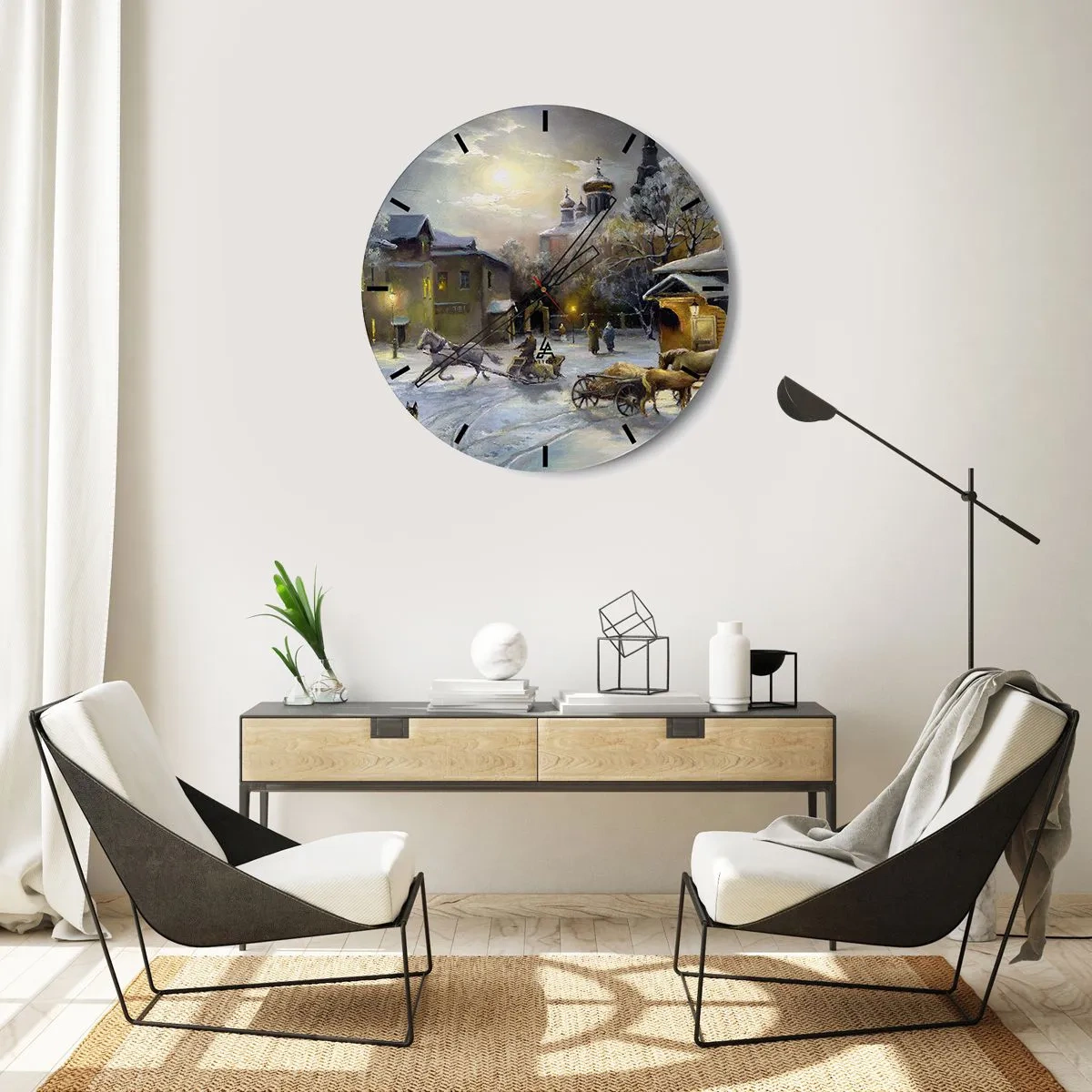 Relógio de parede - Relógio em vidro - Paisagem de inverno com cavalos e uma igreja ao fundo - 30x30cm - A magia do inverno russo - Decoração de parede moderna para a sala de estar, cozinha e quarto ARTTOR