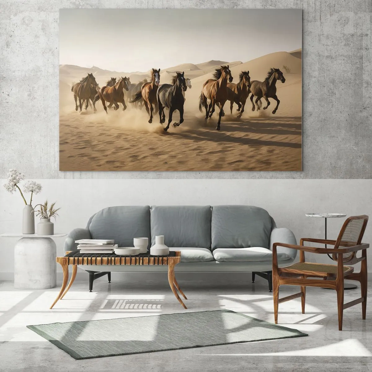Quadro em vidro - Uma manada de cavalos galopando no deserto entre as dunas de areia - 70x50cm - Livre como o vento - Decoração de parede moderna para a sala de estar e quarto ARTTOR