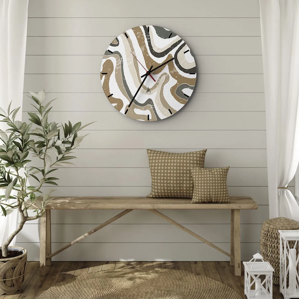 Relógio de parede - Relógio em vidro - Listras sinuosas em tons de terra sobre um fundo branco - 30x30cm - Meandros de cores da terra - Decoração de parede moderna para a sala de estar, cozinha e quarto ARTTOR