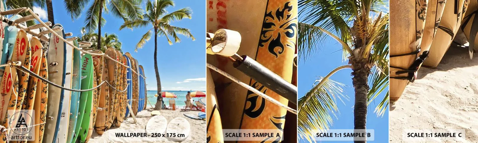 Amostra de Papel de Parede Standard Eco - Diversão ensolarada - Paisagem, Prancha de surfe, Praia - 100x30 cm