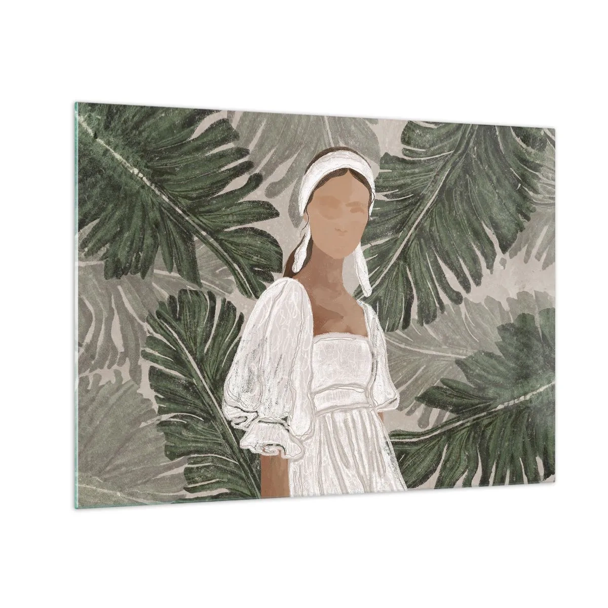 Quadro em vidro - Uma mulher de vestido branco sobre um fundo de folhas tropicais verdes. - 70x50cm - Retrato exótico - Decoração de parede moderna para a sala de estar e quarto ARTTOR