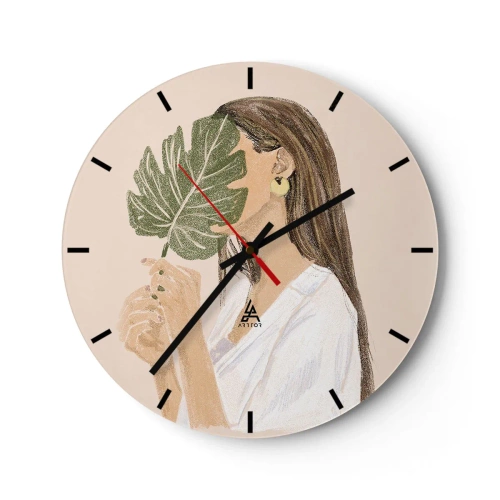 Relógio de parede - Relógio em vidro - Uma silhueta feminina obscurecida por uma folha de monstera contra um fundo claro. - 30x30cm - Retrato misterioso com uma adepta - Decoração de parede moderna para a sala de estar, cozinha e quarto ARTTOR