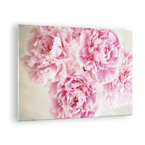 Quadro em vidro - Um buquê de peônias rosas em um fundo claro - 70x50cm - Em esplendor rosa - Decoração de parede moderna para a sala de estar e quarto ARTTOR