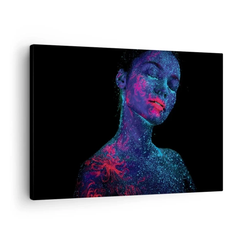 Quadro em tela - Retrato de uma mulher em cores neon sobre fundo preto - 70x50cm - Na poeira estelar - Decoração de parede moderna para a sala de estar e quarto ARTTOR